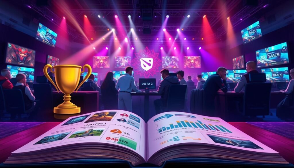 A vibrant and detailed illustration of a "compendium," featuring various gaming elements related to Dota 2. The foreground displays an open compendium book filled with colorful graphics and charts depicting prize pools and statistics. Each page showcases icons representing characters, items, and landscapes from the Dota 2 universe. In the middle ground, a subtly blurred trophy symbolizes achievement, while a diverse group of players in professional attire, focused and discussing strategies, congregates around a gaming setup. The background features a dimly lit esports arena with vibrant stage lights and animated screens displaying gameplay footage, enhancing the competitive atmosphere. Soft, colorful lighting adds a dynamic and energetic mood to the scene, emphasizing the excitement surrounding esports and its evolution.