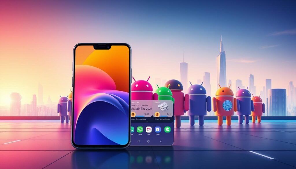 A vibrant and dynamic illustration representing the evolution of Android design, showcasing the transition from early versions to Android 15. In the foreground, feature a sleek smartphone displaying an abstract interface inspired by Material Design, with smooth gradients and layered cards. The middle ground includes iconic Android mascots evolving in design style from Cupcake to modern iterations, each styled in a vibrant color palette. The background depicts a futuristic cityscape, symbolizing technological advancement, bathed in soft, warm lighting that creates a welcoming atmosphere. Use a wide-angle lens perspective to enhance depth, while maintaining a professional and modern aesthetic. The overall mood should evoke innovation and progress in mobile design, capturing the essence of a decade and a half of Android's visual evolution.