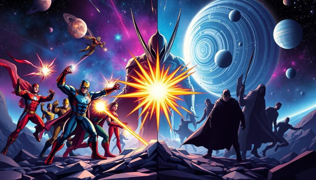 A vibrant and dynamic illustration showcasing the duality of the Marvel Cosmic Invasion theme, focusing on the pros and cons. In the foreground, visualize a split scene: on one side, superheroes in action, confidently united, battling an imposing cosmic threat with energy beams and futuristic technology, embodying the strength and excitement of teamwork. On the opposite side, depict shadowy figures representing potential dangers such as chaos and conflict, highlighting the risks involved in cosmic battles. The middle ground features a fantastical starry space backdrop with swirling galaxies and planets, accentuating the cosmic elements. Use dramatic lighting to highlight contrasts, with bright colors on the heroes' side and darker tones on the cons' side, creating a thought-provoking atmosphere that invites contemplation on the themes of adventure and caution in the Marvel universe.