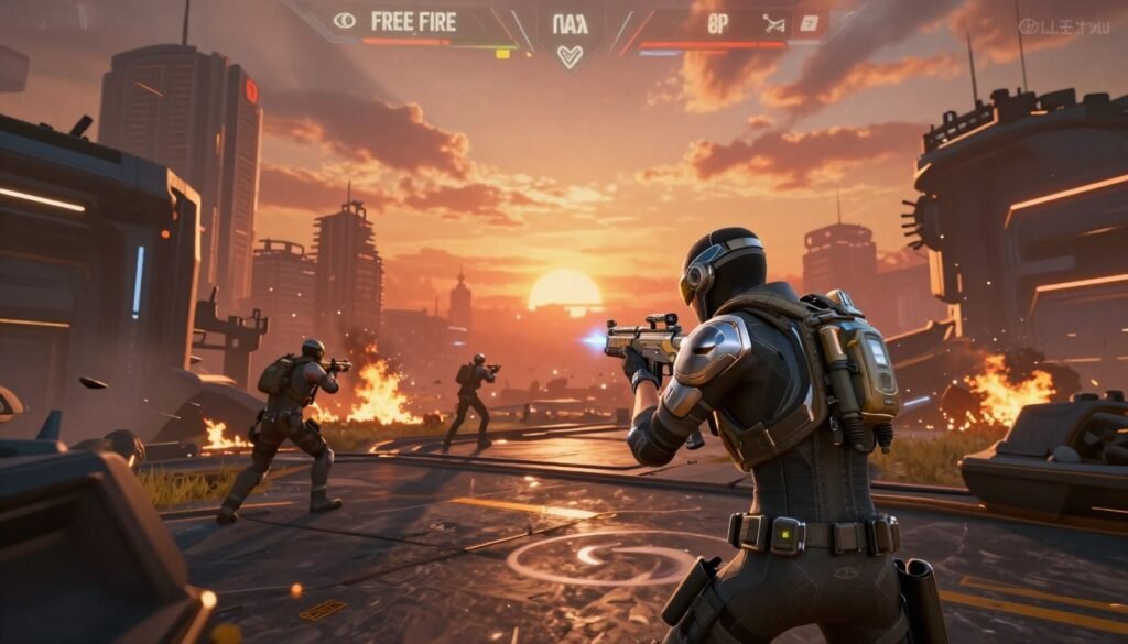 A vibrant and dynamic scene showcasing advanced gameplay technology within the context of Free Fire Max, highlighting a futuristic battlefield. In the foreground, a high-tech character in sleek tactical gear aims a glowing weapon, focused and ready. The middle ground features a chaotic landscape with burning structures and debris, illustrating the intensity of battle. The background includes a visually stunning cityscape under a dramatic sunset, casting an orange glow across the horizon, enhancing the atmosphere. The lighting is intense yet moody, emphasizing shadows and highlights on the character and environment. Use a wide-angle lens effect to create depth and a sense of urgency, reflecting the fast-paced action of the game.