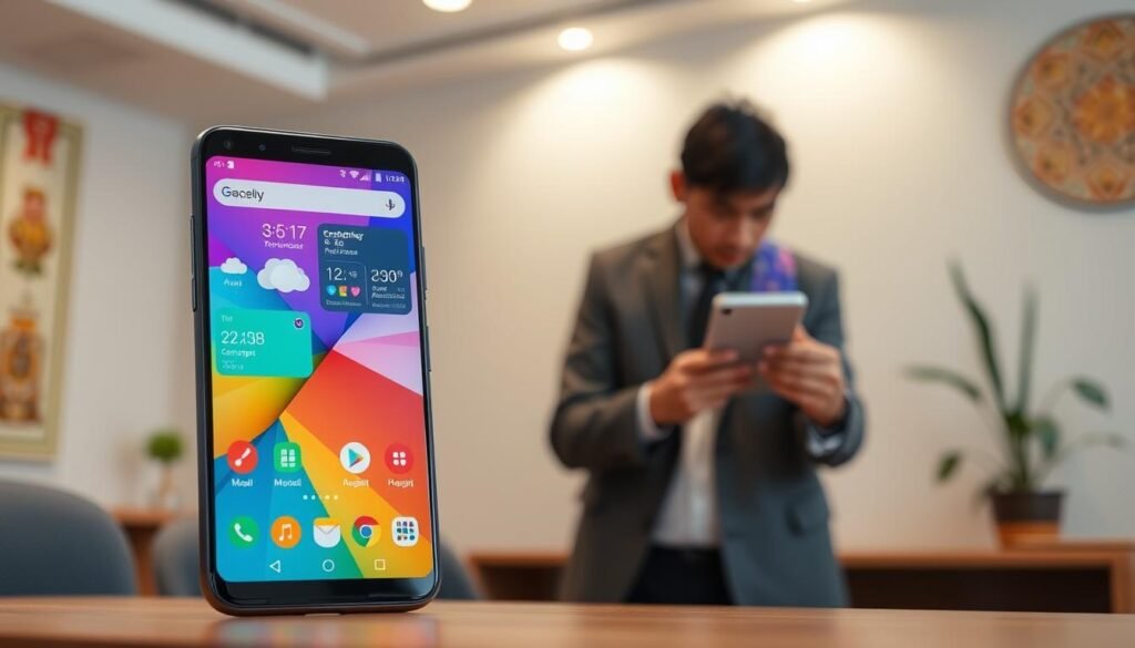 A vibrant and engaging workspace showcasing the practical implementation of Android 15 lock screen widgets for Indonesian users. In the foreground, a sleek smartphone displays various customizable widgets, vibrant and functional, like weather updates and calendar reminders. In the middle, a professional person in modest business attire interacts with the phone, depicting a user-focused experience. The background features a modern office environment with soft, natural lighting, creating a warm and inviting atmosphere. Subtle elements of Indonesian culture, like traditional patterns or motifs on a wall, hint at the locale. The image captures a sense of innovation and accessibility, emphasizing the practicality of technology in everyday life.