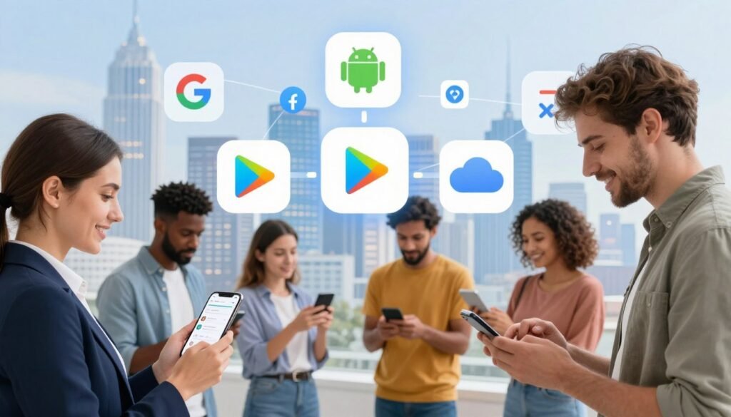 A vibrant and informative scene showcasing the advantages of Google Play Services for everyday Android experiences. In the foreground, a diverse group of people, including a professional woman and a casual-dressed man, are interacting with various Android devices, displaying seamless app functionalities. The middle layer features floating icons and app logos representing popular services like Google Maps, Play Store, and cloud syncing, vividly illustrated to highlight their benefits. In the background, a digital city skyline glows softly, symbolizing a connected and updated ecosystem. The atmosphere is bright and optimistic, with soft lighting emphasizing a sense of innovation and ease in daily life. The angle is a low shot, capturing the engagement of the individuals with their devices, conveying a dynamic and modern tech-savvy environment.