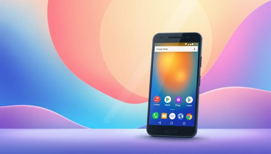 A vibrant and modern Material Design interface for Android, showcasing the evolution from KitKat to Lollipop. In the foreground, depict a sleek smartphone displaying a beautifully designed home screen featuring iconic apps with rounded corners and subtle shadows, highlighting the transition in UI elements. In the middle ground, a gentle blend of dynamic colors, representative of the KitKat and Lollipop palettes, should flow seamlessly together, illustrating the design philosophy change. The background should contain soft shapes and layers, subtly hinting at the Android ecosystem, with a light source emanating from the top-left, creating a clean, professional atmosphere. Ensure the mood is inviting and innovative, symbolizing both tradition and modernity in technology.