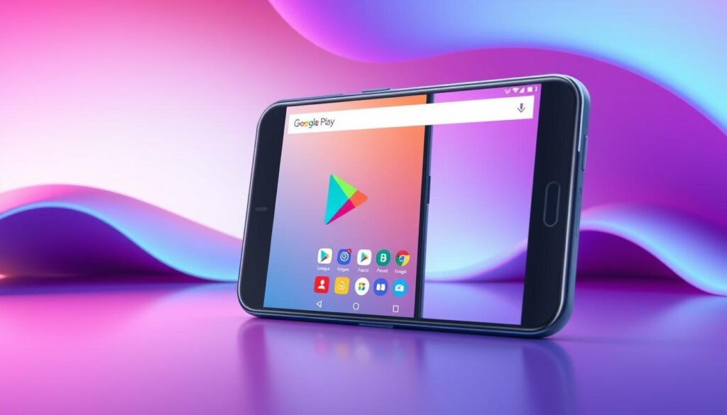 A vibrant and modern interpretation of the Google Play Store interface, showcasing a material design layout. In the foreground, display a sleek smartphone with the Google Play Store open, highlighting its colorful app icons that exude a sense of usability and fun. In the middle, feature a soft gradient background with abstract shapes that reflect the contemporary style of material design, emphasizing depth and layering. Incorporate subtle lighting with soft shadows to enhance the 3D effect, creating a dynamic atmosphere. Use a wide-angle perspective to capture the essence of a digital marketplace, invoking a feeling of excitement and innovation. The design should convey a clean, professional look, avoiding any text or human figures, ensuring the focus remains solely on the app's aesthetic.