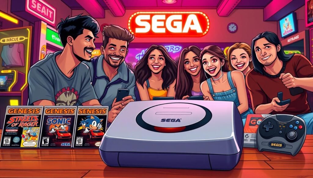 A vibrant and nostalgic scene featuring the iconic Sega Genesis console, prominently displayed in the foreground. The console is flanked by classic game cartridges, showcasing titles like Sonic the Hedgehog and Streets of Rage. In the middle ground, a group of diverse young adults are engaged in a friendly gaming competition, dressed in casual yet stylish attire, smiling and enjoying the experience. The background features a retro arcade, with neon lights illuminating the atmosphere, creating a lively and joyful mood. The lighting is warm and inviting, highlighting the excitement of gaming culture. The composition captures the essence of Sega's legacy and its impact on the evolution of modern gaming. The angle is slightly elevated, providing a dynamic view of the scene.