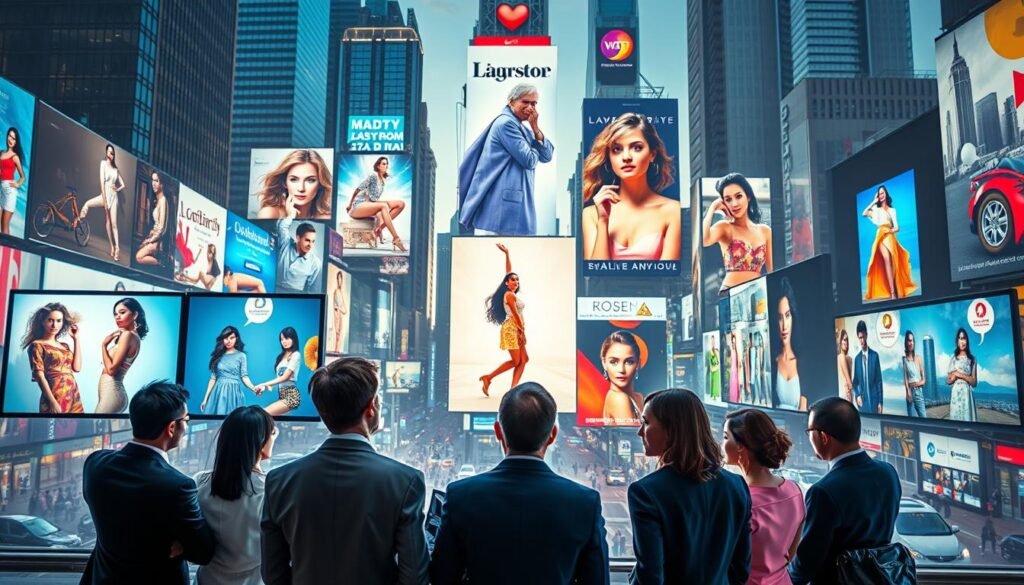 A vibrant and thought-provoking image illustrating the cultural impact of Photoshop in advertising and media. In the foreground, a diverse group of professionals (in smart business attire) examining digital screens showcasing distorted images of models and products, reflecting the influence of editing software. In the middle, artistic representations of iconic advertisements overlaid with exaggerated photo manipulations, blending realism with surrealism. The background features a cityscape filled with large billboards, showcasing transformation through digital art. The lighting is bright and dynamic, emphasizing the contrast between reality and the manipulated images. The mood is reflective yet engaging, evoking a sense of curiosity about the evolution of visual culture influenced by technology.
