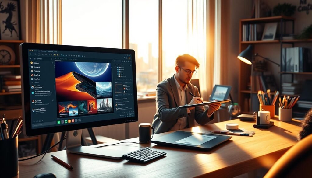 A vibrant digital art scene showcasing the customized interface of Blender. In the foreground, display a computer monitor with a beautifully rendered user interface, featuring customized toolbars and background designs designed for a creative workflow. In the middle ground, include a focused individual in professional attire, using a stylus on a graphics tablet, immersed in the design process. The background should depict a cozy workspace with art supplies, a large window allowing natural light to fill the room, and a view of a city skyline. Aim for a warm and inspiring atmosphere, emphasizing creativity and personalization in the digital art world. Incorporate soft lighting and an inviting color palette to enhance the mood.