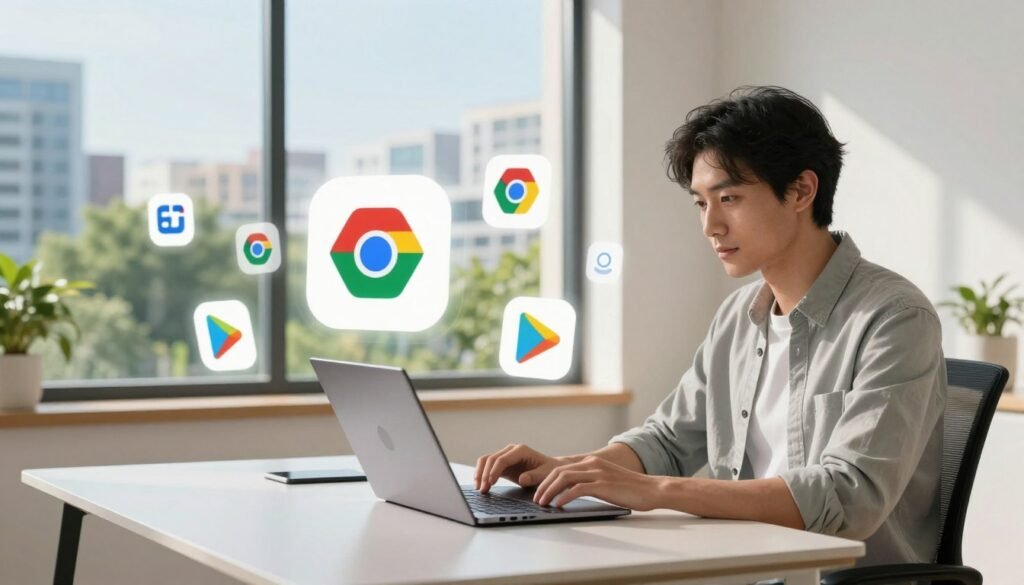 A vibrant digital workspace encapsulating the essence of the ChromeOS ecosystem. In the foreground, a professional individually dressed in casual business attire is seated at a sleek, modern desk, intently using a Chromebook. Various ChromeOS icons, like Google Drive and Play Store, float around them in a semi-transparent overlay, symbolizing the seamless integration of apps. In the middle ground, a large window reveals a sunny, modern cityscape, filled with greenery, emphasizing a blend of technology and nature. The background features a minimalistic room with soft, natural lighting pouring in, evoking a sense of productivity and comfort. The overall atmosphere is innovative and welcoming, inviting users to explore the advantages of switching to ChromeOS.