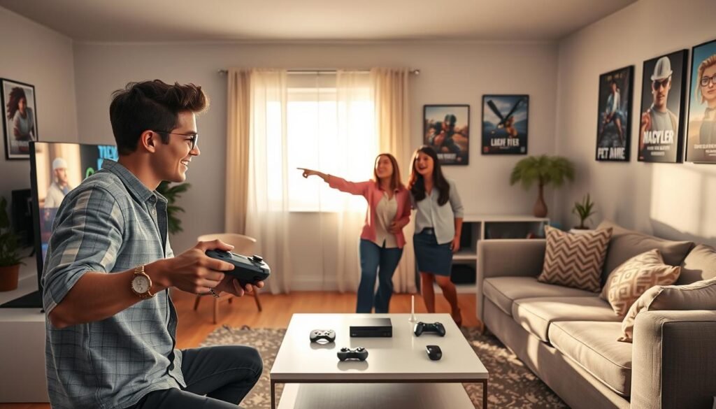 A vibrant, dynamic scene depicting a modern living room setting where people of diverse backgrounds are joyfully engaging in cloud gaming. In the foreground, a young man wearing casual but neat clothing eagerly holds a gaming controller, eyes focused on a large screen showcasing popular game graphics. In the middle, a stylish sofa surrounds a sleek coffee table with gaming accessories, while a young woman in professional attire points excitedly at the screen as she shares her favorite game with her friend. The background features a bright window illuminating the space, casting a warm glow, and posters of iconic video games hang on the walls. The atmosphere is lively and engaging, capturing the essence of popular cloud streaming gaming.