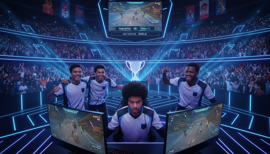 A vibrant esports arena brimming with energy and excitement, showcasing a diverse group of competitive gamers, all dressed in professional gaming gear. In the foreground, a focused male player with headphones, intensely staring at a high-tech monitor, while in the middle ground, teammates cheer him on, displaying camaraderie. The arena is illuminated with dynamic LED lights in blue and purple hues, casting an electrifying glow across the scene. Spectators in the background fill tiered seating, their faces lit up by the screens, capturing the thrill of the competition. The overall atmosphere is one of anticipation and passion, reflecting the journey of gaming from arcade roots to global tournaments, highlighted by a vibrant digital scoreboard displaying game stats.