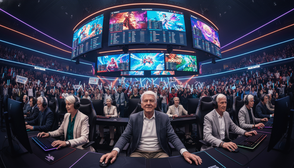 A vibrant esports arena filled with senior gamers participating in an exciting competition. In the foreground, a diverse group of elderly gamers in stylish, modest casual clothing, intently focused on their screens, with expressions of concentration and joy. In the middle ground, dynamic LED screens display colorful graphics of popular games and tournament stats. The background features cheering spectators of all ages, creating an electric atmosphere, with soft neon lighting that highlights the energy of the event. The scene is captured with a wide-angle lens to showcase the scale of the arena, conveying a sense of community and inclusivity in the world of esports. The overall mood is uplifting and empowering, celebrating the unexpected presence of older gamers on the esports stage.