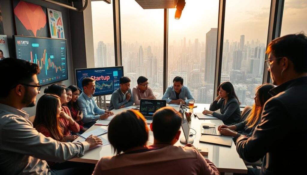 A vibrant office setting in Jakarta showcasing the dynamic world of Indonesian startups. In the foreground, a diverse group of young professionals in business attire is engaged in a brainstorming session around a modern conference table, animated and focused. They represent various ethnicities, reflecting Indonesia's multicultural landscape. The middle ground features high-tech screens with data visuals and startup logos, while inspiring artwork decorates the walls. In the background, large windows reveal a panoramic view of Jakarta's skyline, bathed in warm afternoon light. The atmosphere is energetic and optimistic, symbolizing innovation and potential, captured with a wide-angle lens to emphasize openness and collaboration.