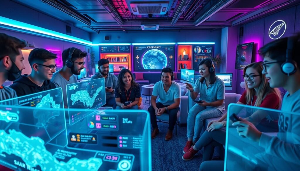 A vibrant online gaming community scene set in a digital universe inspired by space exploration. In the foreground, a diverse group of gamers, both male and female, are engaged in animated discussions around futuristic holographic screens displaying star maps and game stats, dressed in casual gaming attire. The middle ground features a cozy cyber café with glowing screens, comfortable seating, and vibrant decor reflecting a sci-fi theme. In the background, there are elements of space, such as planets and stars, creating a sense of vast exploration. Soft blue and purple lighting enhances the atmosphere, evoking excitement and camaraderie among gamers. The angle captures a dynamic perspective, immersing the viewer in the lively community experience.