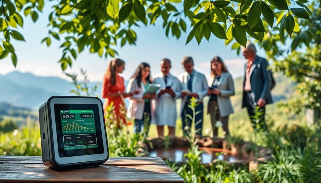 A vibrant outdoor scene showcasing a modern environmental monitoring application. In the foreground, a sleek, high-tech biochemistry sensor device is displayed on a wooden table, with its digital screen illuminated, showing data on air and soil quality. The middle ground features a diverse group of scientists in professional attire, intently discussing their findings while surrounded by various plants and a small waterbody, indicating an ecosystem. The background includes lush greenery, distant mountains under a clear blue sky, with soft sunlight filtering through the leaves, casting gentle shadows. A feeling of hope and innovation permeates the scene, emphasizing the importance of technology in ecological preservation.