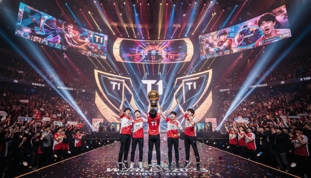 A vibrant scene capturing the climax of a League of Legends championship in South Korea. In the foreground, a diverse group of esports players, dressed in professional team jerseys, celebrate with raised arms, their faces beaming with joy. In the middle ground, a large, dynamic stage showcases T1's branding, with colorful lights illuminating the surroundings, creating an electric atmosphere. The audience behind them is a sea of enthusiastic fans, some holding banners, while others cheer with excitement. The background features a massive digital screen displaying gameplay highlights and iconic moments from the tournament. The setting is filled with vivid colors, dramatic lighting, and a sense of triumph, highlighting the legacy of Faker and T1 as they claim victory at Worlds 2023. The angle is slightly elevated, providing a panoramic view of the event's grandeur.