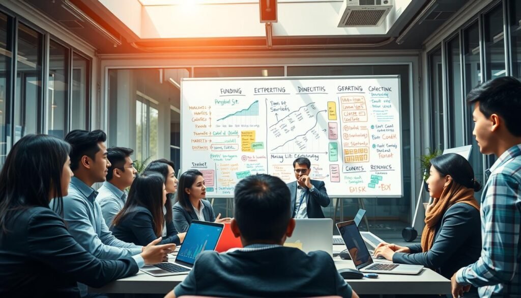 A vibrant scene depicting the challenges faced by aspiring unicorn startups in Indonesia. In the foreground, a diverse group of professional individuals in business attire are engaged in a deep discussion, surrounded by laptops and digital devices symbolizing technology. In the middle ground, a large whiteboard is filled with colorful charts and notes illustrating growth strategies and obstacles, such as funding hurdles and market competition. The background features a modern office environment with large windows allowing natural light to flood the space, creating a bright and optimistic atmosphere. The angle is slightly overhead, providing a comprehensive view of the strategic brainstorming session, conveying a sense of urgency and innovation. The overall mood is one of determination and hope as these entrepreneurs tackle their startup challenges.