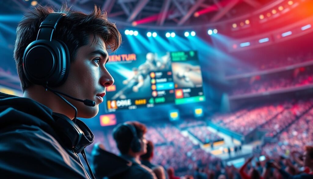 A vibrant scene depicting the journey of a competitive esports team, showcasing key moments of triumph and challenge. In the foreground, a dramatic close-up of a determined player, dressed in modern esports gear, focused and looking ahead. In the middle ground, a dynamic representation of a game screen showing intense gameplay, highlighting the statistics of their matches, with energy emanating from the screen. The background features a cheering crowd in a packed stadium, illuminated with colorful lights, creating an electrifying atmosphere. The overall lighting is bright and engaging, with a slight lens flare to enhance the excitement. The mood is one of perseverance and victory, symbolizing the team's rise from adversity to becoming world champions.