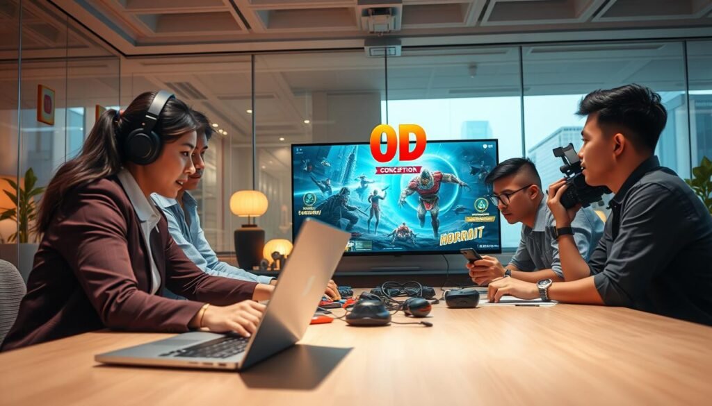 A vibrant scene showcasing the dynamic collaboration in the Indonesian gaming market, featuring a diverse group of professional developers and gamers engaged in a brainstorming session. In the foreground, a group of three individuals in business attire — a woman with a headset and two men studying game designs on a laptop. The middle ground displays a large screen showing concept art for the horror game “OD,” surrounded by gaming gear and Indonesian cultural motifs. The background hints at a modern office with city views and soft, ambient lighting creating a focused and innovative atmosphere. Capture the excitement and collaborative spirit of the gaming industry with an emphasis on teamwork and cultural exchange. Use a wide-angle lens to emphasize the scale and dynamics of the setting, creating a hopeful and forward-looking mood.