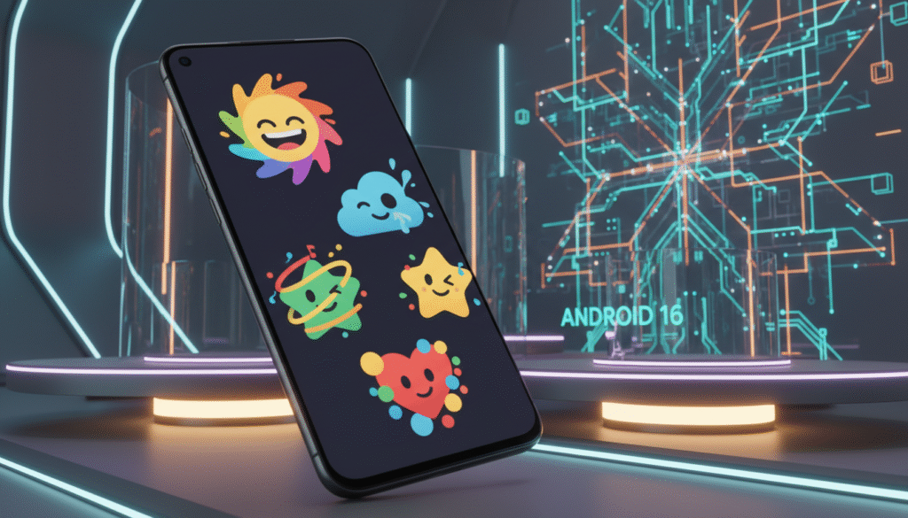 A vibrant, sleek smartphone showcasing the new Material 3 Expressive design, emphasizing bold, playful colors and fluid shapes. In the foreground, the device's screen displays five newly designed emojis, each featuring exaggerated expressions that evoke joy and creativity. The middle ground features a futuristic, illuminated environment reflecting technological advancement, with soft glowing lights enhancing the mood. In the background, abstract geometric patterns flow, representing digital connectivity and innovation. The lighting is bright yet warm, highlighting the details of the phone while casting gentle shadows. Use a slight angle to give depth to the composition, creating an inviting and modern atmosphere that captures the essence of Android 16's new appearance.
