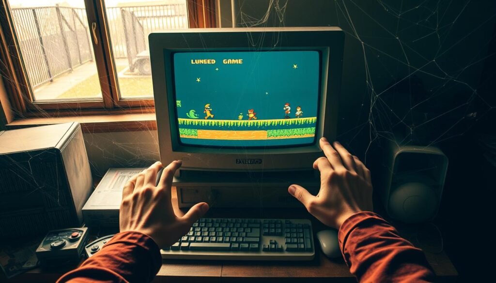 A vintage computer desk with a large, dusty monitor displaying a frozen Flash game screen, featuring outdated graphics and pixelated characters, surrounded by scattered game accessories like old controllers and manuals. In the foreground, a pair of hands in modest casual attire reach out towards the monitor, reflecting a sense of nostalgia and missed opportunities. The middle layer shows a dimly lit room with cobwebs in the corners, suggesting abandonment. Soft, warm lighting highlights the dust particles in the air, casting long shadows. In the background, a window reveals a rainy day outside, emphasizing a mood of melancholy and loss. The overall atmosphere is one of reflection on the decline of a once-thriving digital era.
