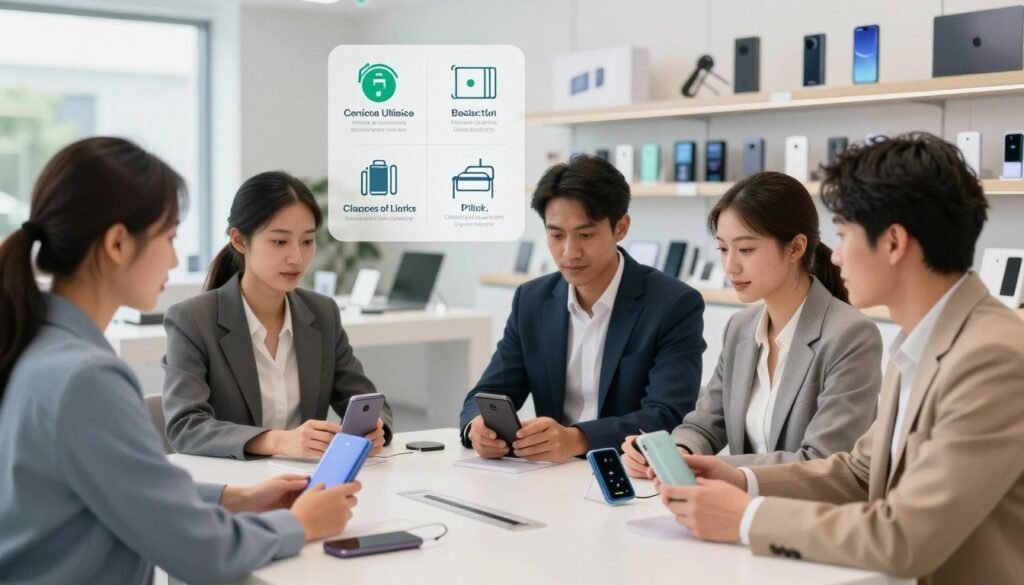 A visually appealing and informative illustration depicting tips for safely selecting a reliable power bank. In the foreground, a diverse group of professional individuals in business attire is gathered around a stylish table, examining various models of power banks, showcasing features like ports and charging indicators. In the middle ground, a clear infographic with essential tips is subtly integrated, visually representing criteria like safety certifications, battery capacity, and brand reputation. The background features a modern tech store with shelves filled with power banks, enhancing the context of product selection. Soft, natural lighting enhances the scene, and a slightly angled view adds depth. The atmosphere is one of trust and knowledge-sharing, emphasizing the importance of selecting safe, high-quality products.