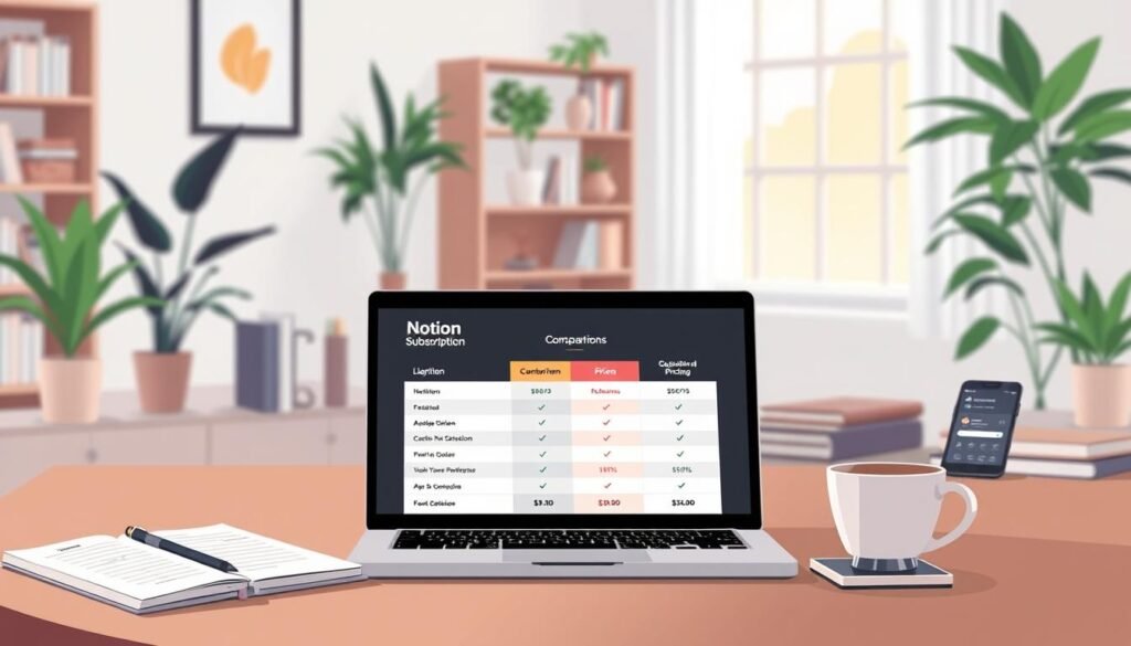 A visually appealing digital workspace layout displaying subscription plans and pricing for productivity apps. The foreground features a sleek, modern laptop open to a comparison chart of the subscription plans for Notion and Obsidian, with clear, colorful visuals of the plans’ features. Beside the laptop, an elegant notepad and a cup of coffee create a cozy yet professional atmosphere. In the middle ground, a well-organized desk includes minimalist stationery and a smartphone showing notifications. The background features a softly lit room with plants, a bookshelf, and a large window allowing natural light to illuminate the scene. The mood is focused and inspiring, inviting viewers into a world of productivity and organization.
