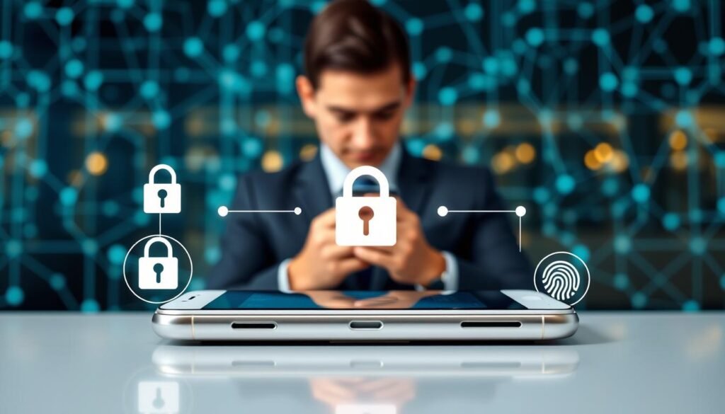 A visually engaging and informative illustration depicting mobile security tips. In the foreground, display a modern smartphone surrounded by various security elements: a padlock icon, a shield symbol, and a fingerprint scanner, all rendered in a sleek, high-tech style. In the middle ground, include a softly blurred person in professional attire, focused on their phone, embodying a cautious user. The background should feature a digital network of interconnected lines and nodes, symbolizing online security, with a cool blue and green color palette that gives a sense of safety and technology. The lighting should be bright and evenly distributed, creating a polished and professional atmosphere. Aim for a clear, unobtrusive angle that highlights the security features of the phone.
