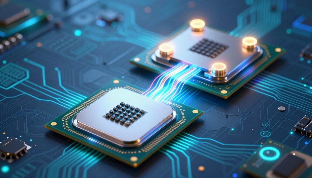 A visually engaging image contrasting single-core and multi-core performance in processors. In the foreground, a sleek, modern CPU chip prominently displaying its single-core architecture, with glowing circuits and a subtle halo effect to emphasize its importance. In the middle ground, a larger CPU chip exhibiting multi-core design, with several cores highlighted, interconnected with vibrant energy lines representing data flow. The background features an abstract digital landscape with circuit board patterns and schematics, illuminated by a soft blue and green light for a high-tech ambience. Capture the mood of innovation and advancement, focusing on clarity and detail, as if viewed through a macro lens to highlight the intricate technology of these processors.