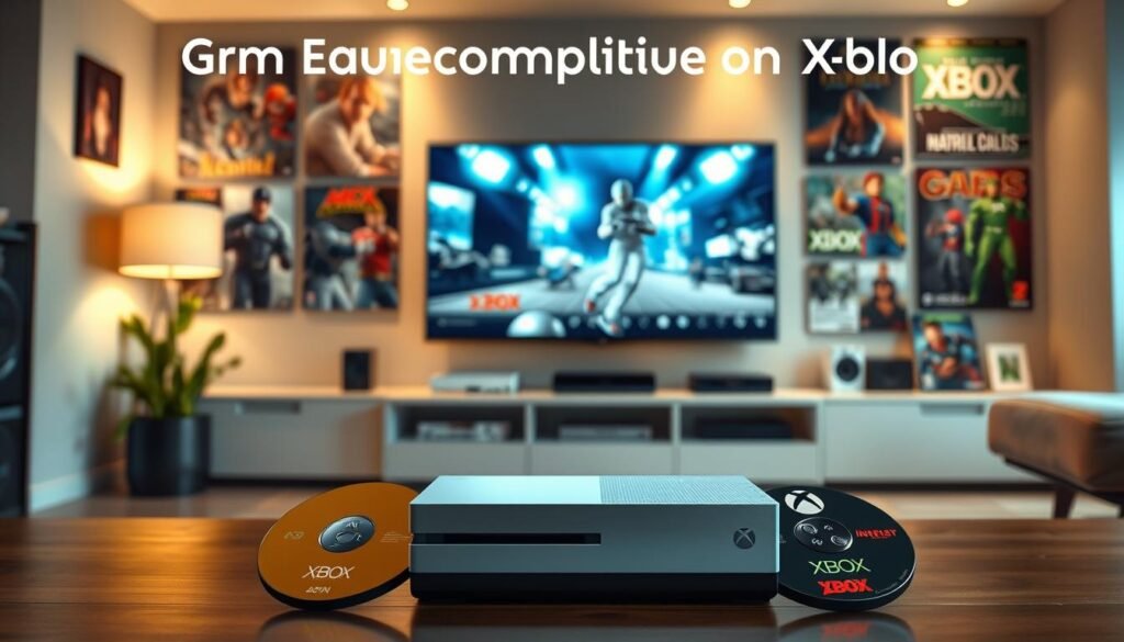 A visually engaging scene depicting the concept of "Game Compatibility on Xbox" in a modern gaming setup. In the foreground, a sleek Xbox console with four distinct generations of game discs displayed beside it, showcasing the evolution of gaming. The middle layer features a well-lit gaming room with a large flat-screen TV displaying an iconic scene from a classic Xbox game, capturing nostalgia and excitement. The background features posters of popular Xbox titles from different generations, creating an immersive gaming atmosphere. Use dynamic lighting to emphasize the console and games, with soft ambient light enhancing the cozy environment. The mood should be inviting and energizing, highlighting the joy of backwards compatibility in gaming.