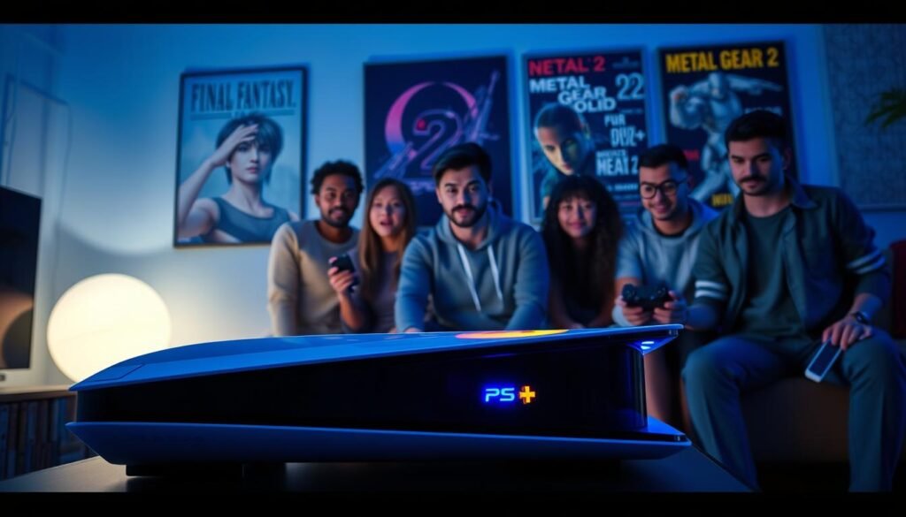 A visually striking image depicting the concept of playing classic PS2 games on a PS5 through PS Plus Premium. In the foreground, a sleek PS5 console sits on a modern gaming setup, with a glowing interface displaying retro PS2 games. In the middle ground, a diverse group of gamers, dressed in casual yet stylish attire, intently focus on the screen, showcasing excitement and nostalgia. The background features posters of iconic PS2 titles like "Final Fantasy X" and "Metal Gear Solid 2," adding to the atmosphere. The lighting is soft, with a blueish hue illuminating the room, enhancing the gaming experience. The overall mood is vibrant and nostalgic, capturing the essence of classic gaming in a contemporary setting, with a cinematic angle emphasizing both the console and the gamers.