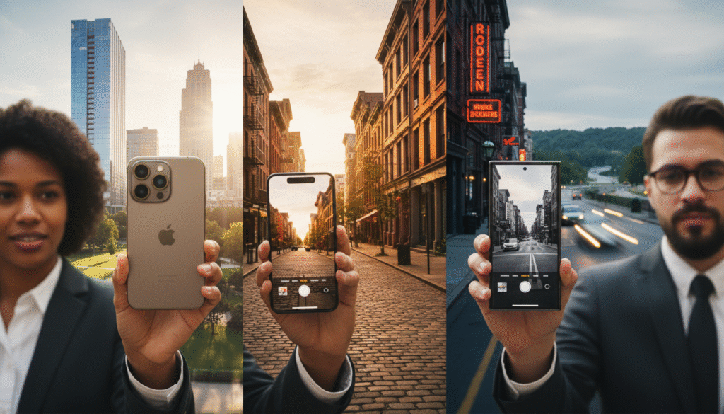 A visually striking image highlighting smartphone photography styles with a focus on the iPhone 15 Pro and Samsung S24 Ultra. In the foreground, two stylish smartphones are held by a diverse group of three individuals dressed in professional business attire, showcasing their photography skills. The middle ground features a beautifully lit urban environment with varying light scenarios — bright daylight, golden hour, and low-light conditions. In the background, cityscapes blend seamlessly with nature, emphasizing the adaptability of smartphone cameras to different settings. The mood is vibrant yet professional, with soft natural lighting that enhances the colors and details of the smartphones and surroundings. Utilize a shallow depth of field to keep attention on the subjects while creating a smooth bokeh effect in the background.