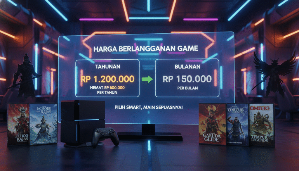 A visually striking image illustrating the concept of "price year month" for gamers in Indonesia, set against a vibrant and dynamic gaming backdrop. In the foreground, feature a modern gaming console with a sleek controller, surrounded by game titles prominently displayed. In the middle ground, a large digital calendar showing different prices for monthly and yearly subscriptions, with a clear comparison chart. The background should have an immersive gaming environment, with colorful LED lights and silhouettes of popular game characters subtly integrated. Use dramatic lighting to highlight the prices and create a sense of excitement. The mood should be energetic and informative, appealing to gamers looking for value in their subscriptions, with a clean, professional composition.