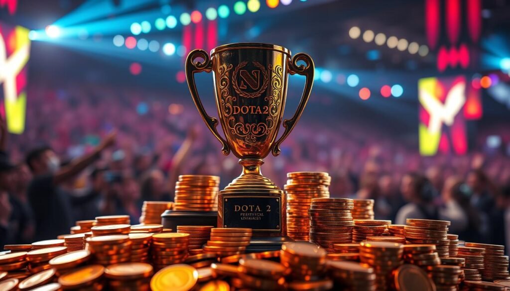 A visually striking representation of a Dota 2 prize pool, showcasing a grand trophy at the center, surrounded by piles of colorful, gold-embellished coins and shimmering trophies from previous tournaments. The foreground features the trophy, engraved with intricate Dota 2 motifs, catching the soft spotlight, while the middle layer depicts overlapping stacks of vibrant currency, glistening under ambient lighting. In the background, blurred silhouettes of cheering crowds in a tournament arena create an energetic atmosphere, illuminated by colorful stage lights. The scene conveys excitement and anticipation, emphasizing the potential impact of prize pools on competitive gaming. The composition is well-balanced with a shallow depth of field, providing a cinematic look that draws attention to the trophy and prize pool elements.