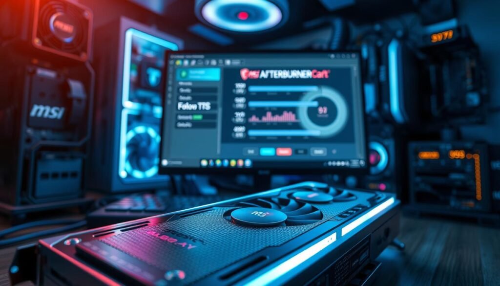 A vivid and detailed illustration of a modern graphics card being undervolted, showcased in a high-tech workspace. In the foreground, a sleek graphics card with circuit patterns prominently displayed, glistening under focused LED lighting. The middle layer features a computer monitor displaying an open MSI Afterburner interface with clear graphs and sliders, emphasizing settings for undervolting. In the background, a blurred array of computer hardware components creates an atmosphere of advanced technology. The lighting is cool and futuristic, casting soft reflections, while the overall mood is professional and focused on efficiency and longevity. The perspective is slightly angled, capturing depth and interest, with no text or overlaid graphics present in the scene.