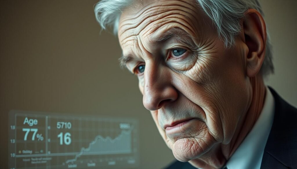 An elderly person's face aged by artificial intelligence algorithm techniques, with deep wrinkles and gray hair reflecting a lifetime of wisdom. The foreground features the elderly person's face, capturing intricate details like age spots and emotional expressions. In the middle ground, a subtle digital interface with faint grid lines and age prediction metrics overlays the face, symbolizing AI technology. The background is a softly blurred neutral color to enhance focus on the subject. Soft, diffused lighting highlights the contours of the face, creating a warm and contemplative atmosphere. The camera angle is slightly tilted from above, providing a unique perspective. The subject is dressed in professional business attire, emphasizing the seriousness of the AI capabilities being illustrated.