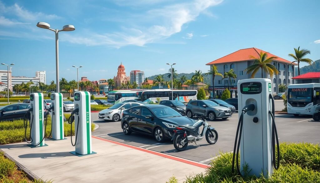 An expansive view of Indonesia's evolving electric vehicle charging infrastructure. In the foreground, a modern electric charging station is prominently featured with sleek, futuristic charging units, surrounded by green landscaping for an eco-friendly vibe. In the middle ground, diverse electric vehicles – including cars, motorbikes, and buses – are parked, some actively charging, showcasing the technology being used. The background reveals a vibrant urban landscape with Indonesian architecture, palm trees, and clear blue skies, suggesting an optimistic future. The atmosphere is bright and energetic, highlighting innovation. Include natural lighting as if in the afternoon, with shadows casting dynamically on the charging units, shot from a slightly elevated angle to capture the bustling environment without any people present, ensuring a professional depiction of technology.