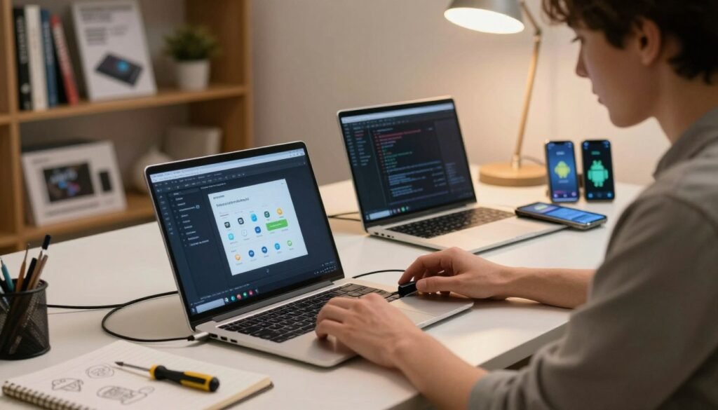 An organized workspace featuring a technician preparing to troubleshoot Android applications on a Chromebook. In the foreground, a focused individual wearing smart casual attire is sitting at a desk, examining a Chromebook connected to multiple cables. Tools like a screwdriver and notepad with sketches are visible. The middle ground includes an open laptop displaying coding software and app icons, alongside smartphones showing Android interfaces. The background features a blurred bookshelf with tech manuals and an LED lamp casting a warm light, creating a calm and determined atmosphere. The scene evokes a practical, solution-oriented mood, illuminated with soft lighting to emphasize concentration and preparation.