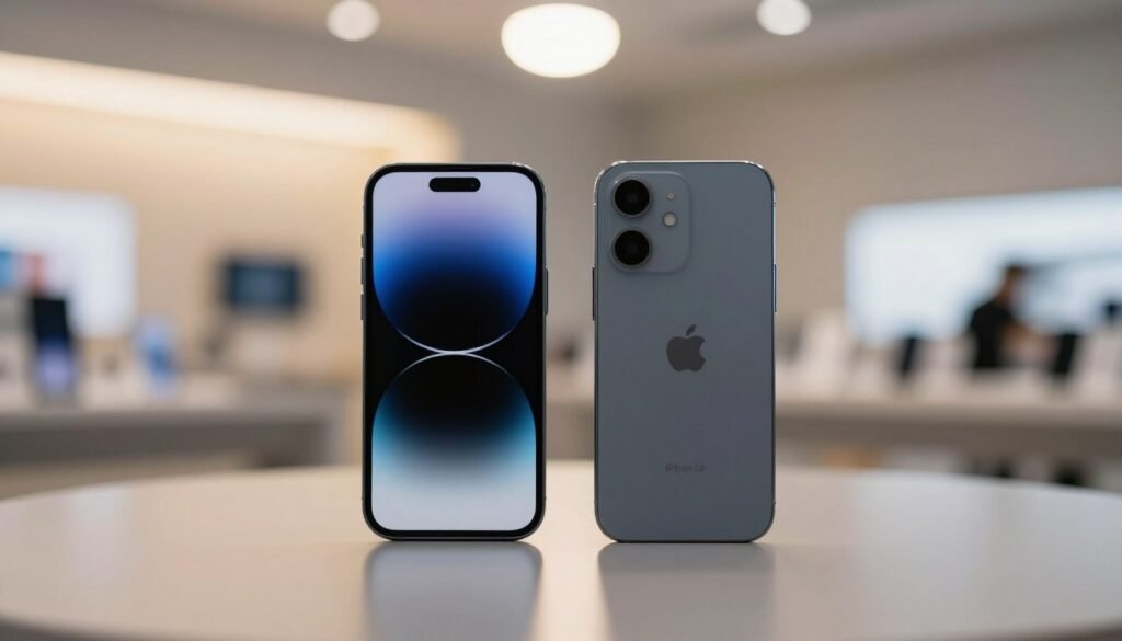 Close-up view of two smartphones, the iPhone SE 3 and Pixel 7a, placed on a sleek, modern table adorned with subtle reflections. The iPhone SE 3, in a glossy finish, showcases its single lens camera, while the Pixel 7a, in a matte design, highlights its own lens, both elegantly aligned in the center. Surrounding them are soft, diffused lights from an overhead source, creating a warm and inviting atmosphere. In the background, a blurred store interior hints at a tech environment, while maintaining focus on the devices. The overall mood is professional and informative, with a sense of anticipation about technology value and pricing, capturing the essence of a consumer's decision-making process.