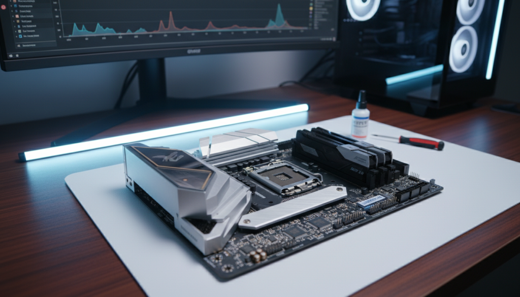 A detailed close-up of a Z790 Aorus motherboard, showcasing the intricate circuitry and components, including the CPU socket and RAM slots with XMP settings. The foreground features the motherboard placed on a clean workstation, illuminated by bright LED lights that highlight the shiny heatsinks and detailed PCB traces. In the middle ground, there are scattered tools like a screwdriver and thermal paste, emphasizing the overclocking setup. The background is softly blurred, featuring a modern desk and computer setup, creating a professional tech atmosphere. The image conveys a mood of focused diligence and technical achievement, ideal for a tech-savvy audience interested in computer performance tuning. Use a slightly angled perspective to enhance depth.