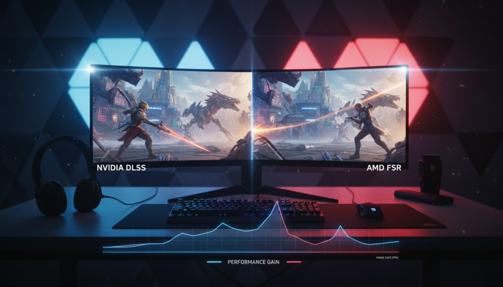 A detailed comparison of gaming performance upscaling techniques, visually representing DLSS and FSR. Foreground features a split-screen display showcasing a high-action game scene on the left with vibrant colors reflecting DLSS improvements and an equally engaging scene on the right illustrating FSR enhancements. In the middle, include performance graphs or charts symbolizing speed and efficiency with smooth transitions between the two technologies. The background consists of a dynamic gaming setup, featuring a sleek computer monitor, gaming peripherals, and ambient LED lighting to create an immersive atmosphere. The image captures a sense of excitement and competition, with a focus on clarity and technical precision, utilizing high contrast and vivid details to emphasize the differences in performance. Lighting should be dramatic yet balanced, revealing the key features of both technologies.