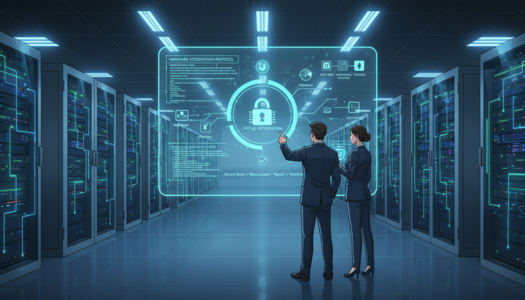 A detailed illustration of the technical process of hardware attestation, showcasing a modern, sleek data center in the background with rows of high-tech servers and glowing LED lights. In the foreground, a pair of engineers in professional business attire are discussing a digital interface displaying complex code and diagrams related to hardware attestation. The middle ground features a large screen with infographics that visually represent security protocols and data validation processes. The overall lighting is bright and futuristic, with a blend of blue and green tones to evoke a sense of advanced technology. The atmosphere is focused and innovative, highlighting the intricacies of Google's hardware attestation system. The angle captures the busy environment, emphasizing collaboration and cutting-edge technology.