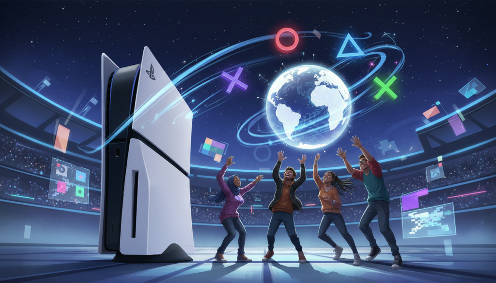 A dynamic illustration of the PlayStation 5 (PS5) vividly showcasing the transition of global conventions in gaming. In the foreground, display a PS5 console with five iconic PlayStation controller buttons (X, O, square, triangle) artistically merging into a globe, symbolizing the unification of Japanese and global gaming cultures. The middle layer features silhouettes of gamers from diverse backgrounds engaging with the console, dressed in stylish, modest casual attire, portraying a sense of inclusivity. In the background, create a futuristic gaming environment, illuminated by soft neon lighting, with abstract shapes representing different gaming eras. Use a low-angle perspective to enhance the grandeur of the PS5, evoking excitement and innovation, with a clear night sky adding depth to the atmosphere.
