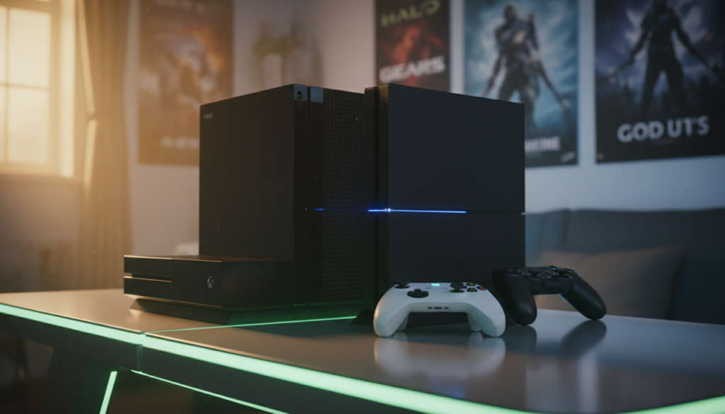 A dynamic scene showcasing the eighth-generation game consoles: the Xbox One and PlayStation 4. In the foreground, a sleek, modern Xbox One console sits on a stylish gaming table with its controller beside it, featuring green LED accents. Next to it, a sophisticated PlayStation 4, complete with its dual-shock controller, radiates blue ambient light, hinting at the rivalry between the two brands. In the middle ground, a subtle backdrop of a gaming room, with posters of popular games from both platforms, sets the context. Soft, warm lighting creates an inviting atmosphere, with shadows casting drama on the consoles. The angle is slightly low, emphasizing the consoles' designs against a blurred background, capturing the essence of competition and innovation in gaming.