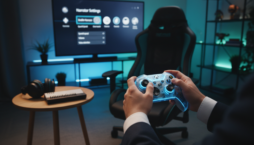A focused scene featuring an Xbox console with a vivid glowing controller, surrounded by a cozy gaming setup. In the foreground, a modern television displays the Xbox interface, showcasing the Narrator settings menu with clear icons and options. A pair of hands, dressed in professional attire, is positioned on the controller, hovering over the buttons, demonstrating a step-by-step activation of the Narrator feature. The middle ground includes a stylish gaming chair and a small side table with accessibility devices like headphones and a Braille display, enhancing the atmosphere of inclusivity. The background features soft, ambient lighting with hints of blue and green, creating a welcoming and immersive gaming environment. The overall mood is informative and supportive, highlighting accessibility in gaming.