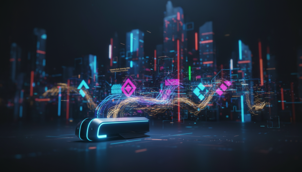 A futuristic digital ecosystem depicting game rendering optimization technologies in action. In the foreground, a sleek, modern gaming console radiates a bluish light, surrounded by visually stunning representations of Variable Rate Shading (VRS) and FidelityFX Super Resolution (FSR) algorithms as glowing data streams. The middle layer features stylized graphical elements showcasing Temporal Injection and other complementary technologies with intricate patterns, all pulsating softly. The background shows an abstract cityscape filled with neon lights to symbolize advanced digital environments. Bright visuals merge with dark contrasting shadows to create a dynamic atmosphere, emphasizing innovation and cutting-edge technology. The scene is captured with a cinematic angle, utilizing soft-focus effects, evoking a sense of excitement and possibility in the realm of gaming graphics optimization.