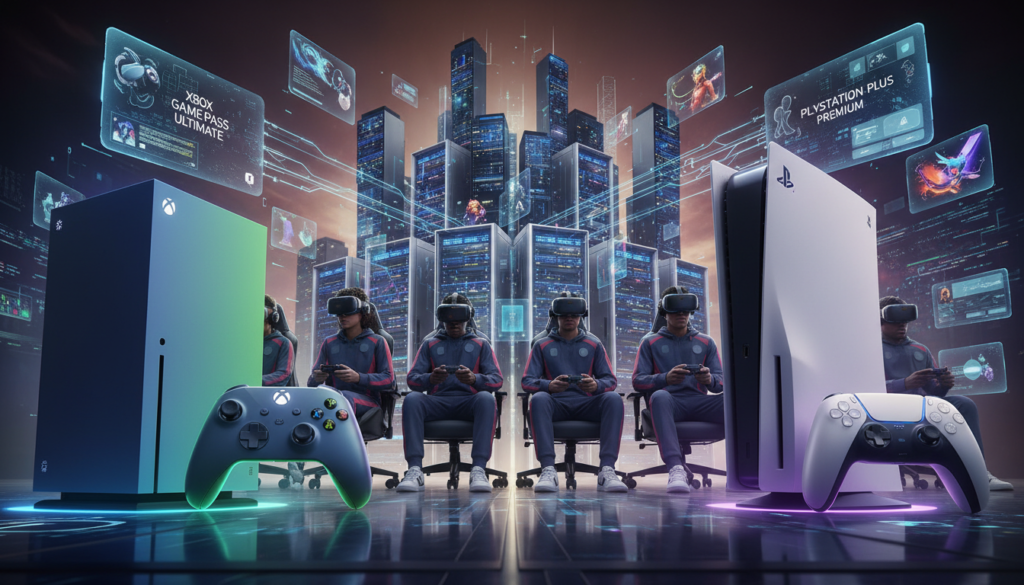 A futuristic gaming ecosystem showcasing the competition between Microsoft and Sony. In the foreground, a sleek, modern Xbox console accompanied by a high-tech controller, gleaming under dynamic blue and green lights, symbolizing Microsoft’s innovation. Beside it, a stylish PlayStation console with a vibrant design and a dual-shock controller, illuminated by ambient purple and white glows, representing Sony's creative prowess. In the middle ground, diverse gamers, dressed in professional attire, engage thoughtfully with their consoles, deeply immersed in gaming experiences. The background features a digital landscape of interconnected servers, vivid game graphics, and a holographic display of game content and services. The overall mood conveys excitement and competition, with a bright, energetic atmosphere highlighting the thriving gaming community. The composition is shot from a low angle to emphasize the towering consoles and the dynamic interaction of gamers.