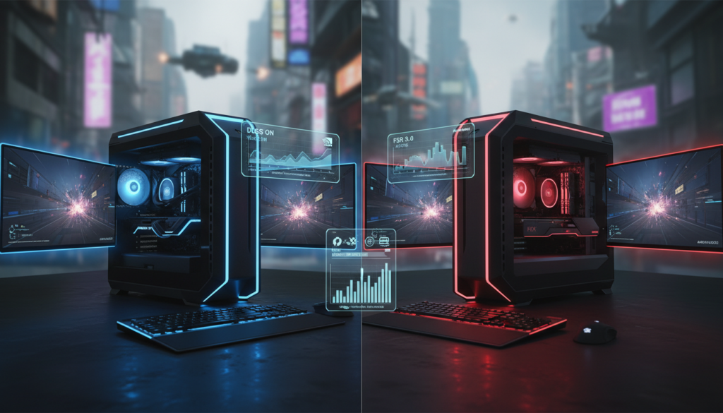 A futuristic tech-inspired scene depicting a split-screen comparison of two gaming hardware setups showcasing DLSS and FSR technologies. In the foreground, on the left, a sleek, modern gaming PC equipped with NVIDIA components, glowing with blue LED lights, highlighting its high-performance specs. On the right, an equally impressive setup featuring AMD hardware, illuminated by red accents, emphasizing its accessibility. In the middle, a digital interface displaying technical graphs and compatibility icons, seamlessly blending both technologies. Soft, ambient lighting gives a high-tech atmosphere, while a blurred gaming environment features vibrant colors and dynamic visuals in the background. Capture the mood of competition and innovation, focusing on the contrast of exclusive versus open technologies in gaming advancements.