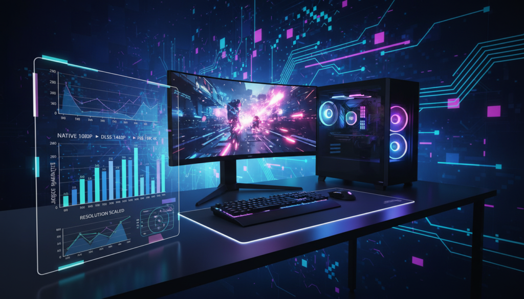 A high-tech performance benchmark visualization showcasing the upscaling performance comparison between various resolutions. In the foreground, display clear graphs and charts depicting frame rates and resolution details, with sleek digital design elements. The middle ground features a stylized gaming setup, including a modern gaming monitor displaying vibrant graphics, and a powerful gaming PC with LED lighting. In the background, create an abstract representation of digital technology, with circuit patterns and pixelated designs to highlight the theme of upscaling. The lighting should be dynamic and focused, emphasizing the data visuals, while maintaining a professional and competitive atmosphere. Capture the scene from a slightly elevated angle to provide a comprehensive view.
