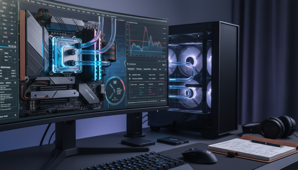 A high-tech workspace featuring a sleek Intel Core i9-14900K CPU installed in a modern motherboard. In the foreground, a large monitor displays dynamic graphs and data metrics tracking temperature and performance during an intense stress test. In the middle, intricately designed cooling systems with LED lights create a visually striking contrast against the metallic components. The background showcases a well-organized desk with tech gadgets and a notebook with handwritten notes on overclocking settings. The scene is illuminated with soft, ambient lighting, enhancing the mood of focused concentration and precision. The perspective is slightly angled to draw attention to the monitor while maintaining a clear view of the impressive hardware setup. The overall atmosphere is one of technological mastery and dedication to achieving the perfect overclock.