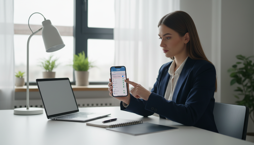 A modern, clean workspace showcasing an iPhone with the iOS 17 interface prominently displayed, highlighting the "Background App Refresh" settings. In the foreground, a focused user with a look of concentration, dressed in professional business attire, interacts with the phone, revealing a vibrant on-screen menu. The middle ground features a well-organized desk with a laptop, notebook, and pen, suggesting a productive environment. The background includes soft, natural light filtering in through a window, creating a serene and efficient atmosphere. The overall mood is one of clarity and focus, emphasizing the ease of managing app settings to conserve battery life. A modern, clean workspace showcasing an iPhone with the iOS 17 interface prominently displayed, highlighting the "Background App Refresh" settings. In the foreground, a focused user with a look of concentration, dressed in professional business attire, interacts with the phone, revealing a vibrant on-screen menu. The middle ground features a well-organized desk with a laptop, notebook, and pen, suggesting a productive environment. The background includes soft, natural light filtering in through a window, creating a serene and efficient atmosphere. The overall mood is one of clarity and focus, emphasizing the ease of managing app settings to conserve battery life.
